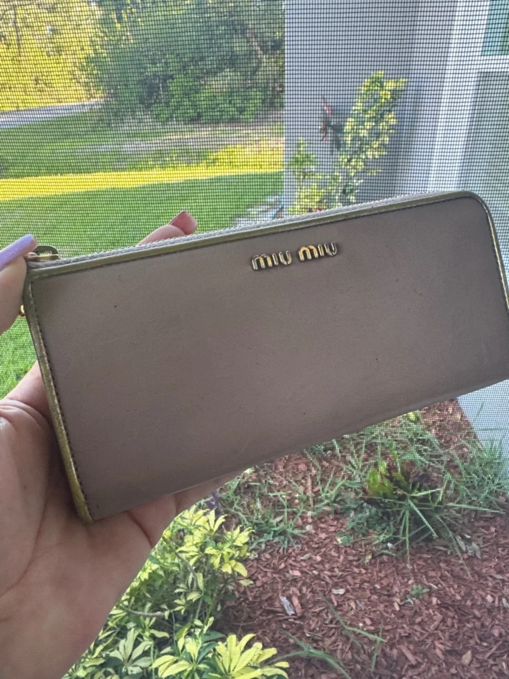 Miu Miu tan Leather Zip Wallet with Gold interior